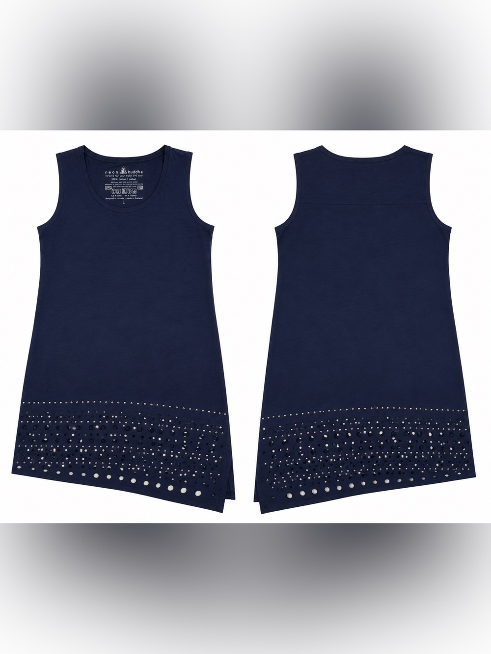 NEON BUDDHA Heartbeat Navy Studded Eyelet Asymmetrical Shift Dress L Lagenlook - Picture 2 of 16